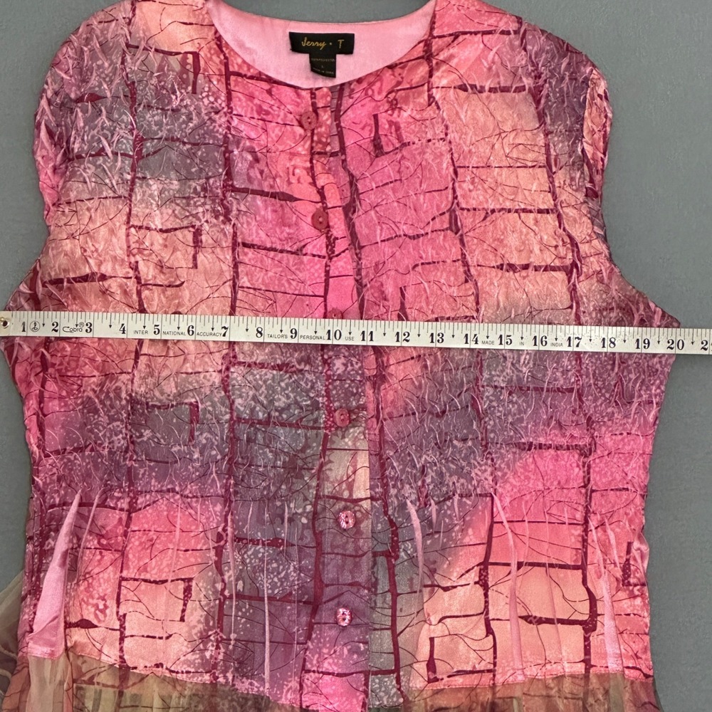 Jerry T Womens Top L Pink Colorful Crinkle Abstract Smocked Tunic Boho‎ Artsy - Picture 6 of 11